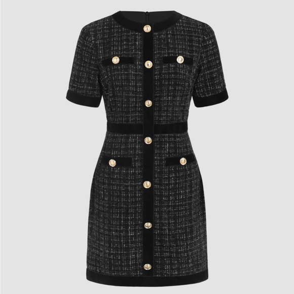 Tweed Round Neckline Solid Metallic Button Mini Dress - Picture 1 of 10